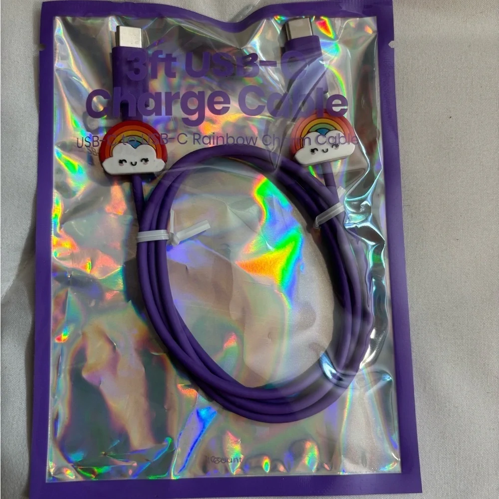 NWT Purple USB-C Charging Cable with Rainbow Cloud Design 3ft